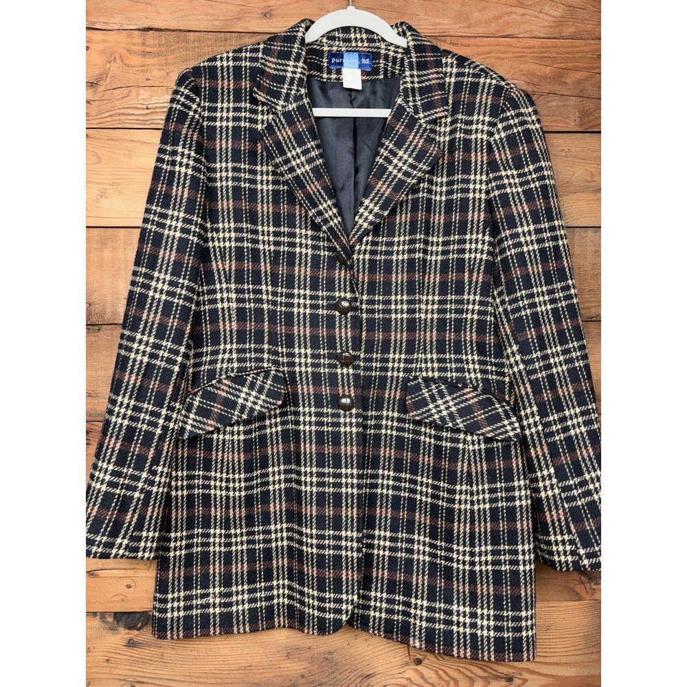 Pursuits Ltd Blazer Womens 12 100% Wool Plaid Longline Lined